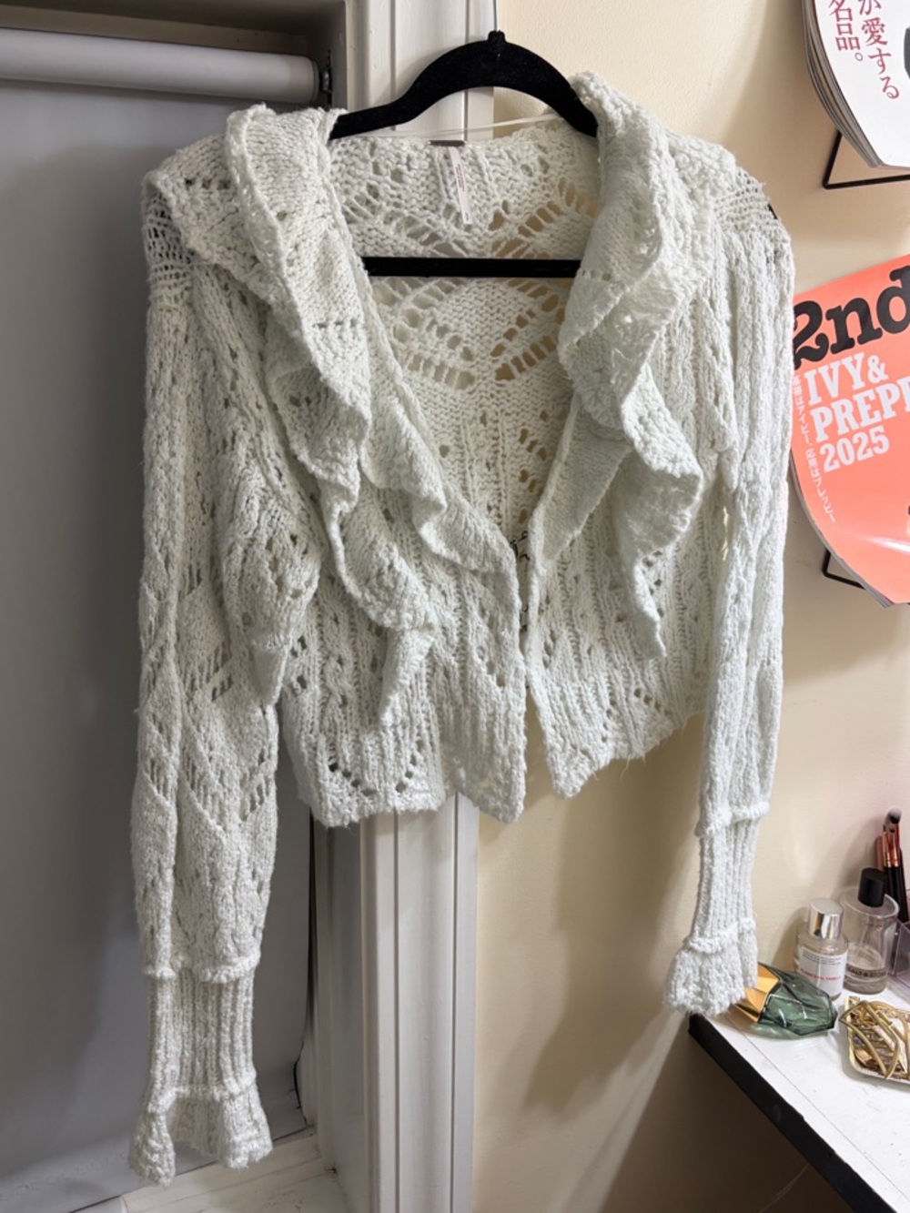 FREE PEOPLE Open-Knit Ruffle Cropped Sweater Cardigan - Cream